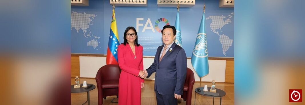 Delcy Rodríguez habla de seguridad alimentaria mundial con el director general de la FAO